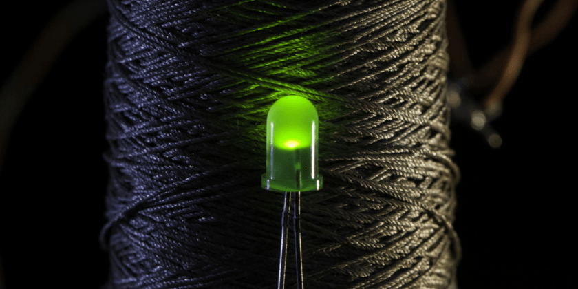 Produzidos pela AG Têxtil, fios de algodão embebidos em partículas de carbono e prata acendem uma pequena lâmpada.